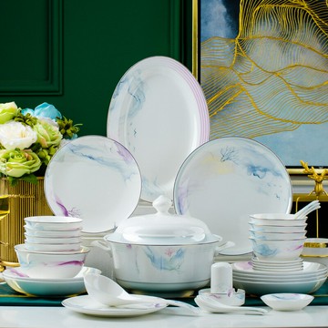 碗具套裝景德鎮陶瓷家用盤子套餐碗碟金邊的簡約碗筷骨瓷碟餐具「限時特惠」