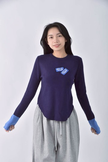 (M) shh拼色藍色長袖上衣