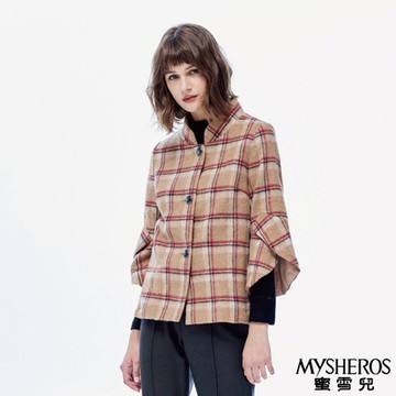 【MYSHEROS 蜜雪兒】方格紋交疊喇叭寬袖高含羊毛外套-駝