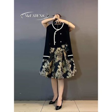 香港拼接花色連衣裙胖妹妹時尚復古風洋氣減齡韓版顯瘦改良旗袍裙