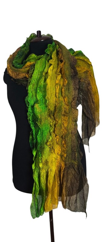 Ruffled Nuno Felt Scarf, Green to Gold Ombre