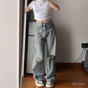 P3-【限時特賣】牛仔褲女 牛仔長褲 高腰牛仔褲 牛仔寬褲 高腰褲 長褲女 港風復古高街破洞牛仔褲女夏季新款ins寬鬆闊