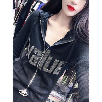 2025新款秋冬季加絨加厚外套女連帽拉鏈開衫短款時尚燙鉆長袖上衣