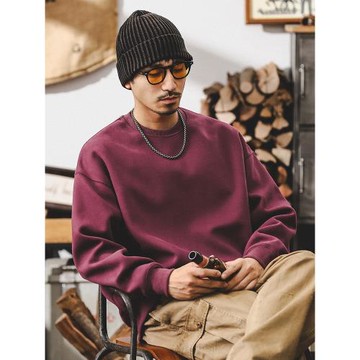 (免運)美式重磅圓領衛衣男春秋2025新款潮牌寬松酒紅色上衣簡約百搭衣服