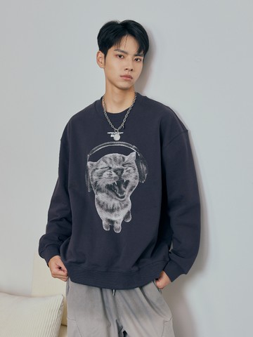 趣味耳機貓咪圖案大學T