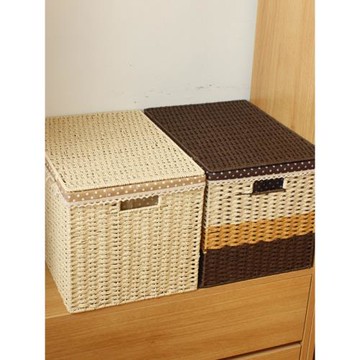 衣櫥收納箱田園風非藤編草編柳編竹編整理箱衣柜儲物箱編織筐帶蓋
