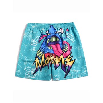 潮牌速干沙灘褲男寬松搞怪原創印花短褲海邊度假可下水泳褲四分褲