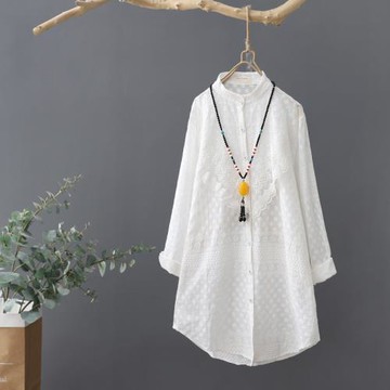 小眾蕾絲全棉白襯衫女中長款長袖立領寬松打底衫刺繡外搭襯衣上衣