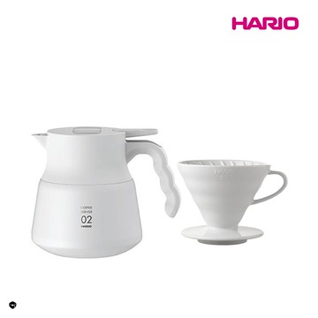 HARIO 純白系列 V60白色02磁石濾杯 + V60不鏽鋼保溫咖啡壺白PLUS 600