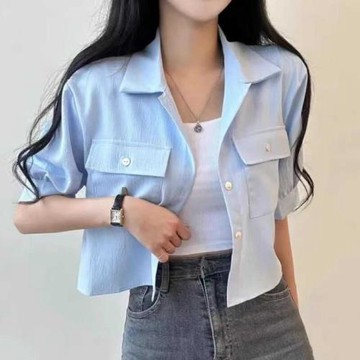 韓國chic夏季減齡短袖襯衣女小個子設計感別致上衣寬松短款外套女