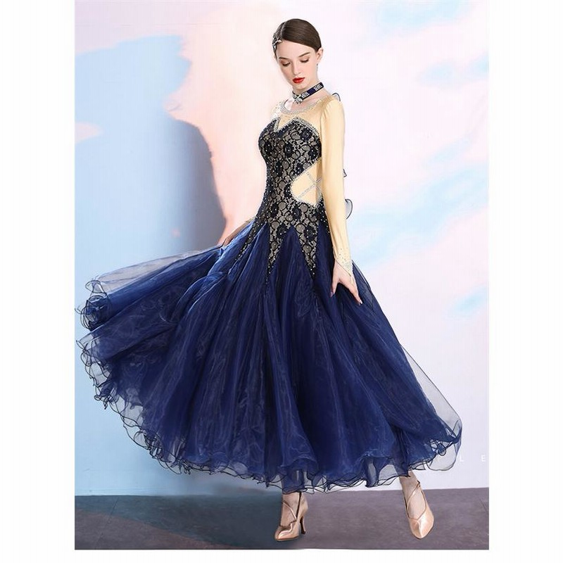 ワンピース モダンドレス 長袖 社交ダンスドレス 大きい裾 衣装 ダンス