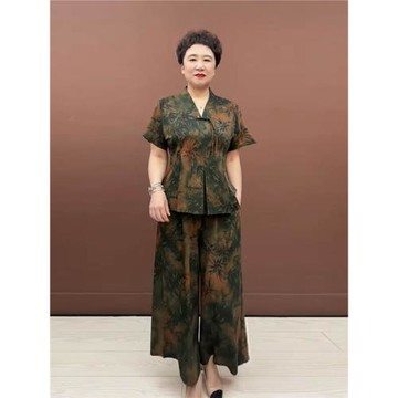 中國風媽媽裝真絲兩件套夏季新款高品質短袖遮肉上衣配闊腿褲套裝