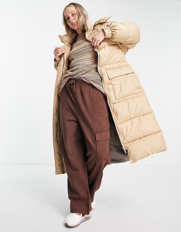JJXX longline puffer coat with tie waist in beige-Neutral