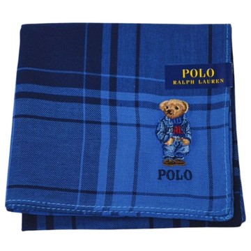 RALPH LAUREN POLO 帥氣牛仔小熊刺繡LOGO圖騰大格紋帕領巾(灰丁寧藍系/48CM)