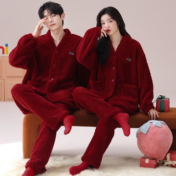 珊瑚絨情侶睡衣結婚秋冬款紅色本命年加厚加絨家居服男女新婚套裝