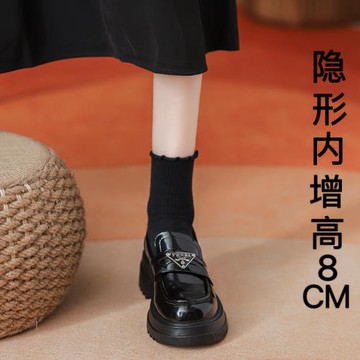 真皮8cm內增高小個子樂福鞋女英倫黑色漆皮厚底小皮鞋一腳蹬單鞋