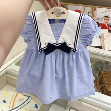 韓國童裝 24夏新款女童寶寶天藍色海軍領泡泡袖連衣裙 氣質公主裙