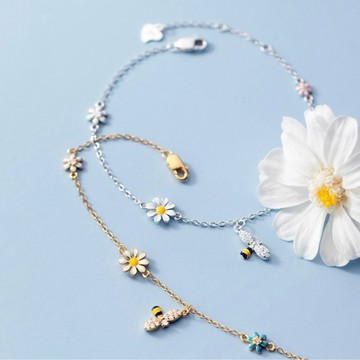 Sweet Air S925純銀 全純銀 Y2398 滴釉花朵 鑲鑽小蜜蜂純銀手鍊 精緻款 彩色花朵手鍊