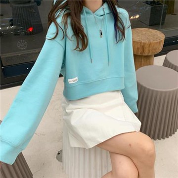 幻美伊湖藍色衛衣女連帽短款小個子baby奶油藍學院風長袖上衣外套