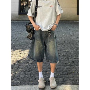 美式復古水洗小眾牛仔短褲男夏季直筒高街闊腿做舊休閑百搭七分褲