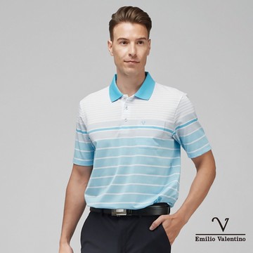【Emilio Valentino范倫鐵諾】男裝吸排涼感彈性短袖POLO衫-藍灰白(21-3V7816)
