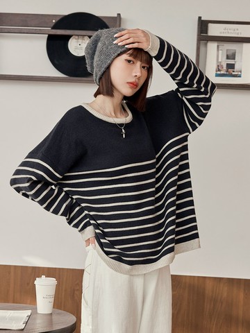 配色條紋滾邊針織長袖上衣