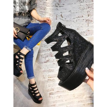 2025夏季新款女鞋性感鏤空高幫魚嘴涼鞋內增高坡跟厚底松糕羅馬鞋