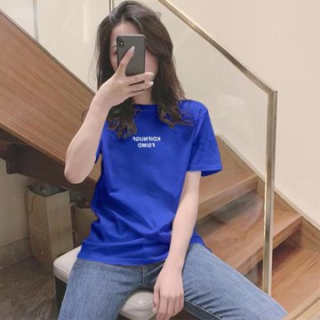 印花短袖T恤女2025春新款歐貨克萊因藍修身顯瘦寬松圓領純棉t上衣