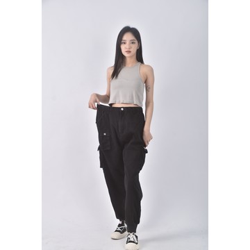 (XL) 高腰縮口黑色長褲二手衣