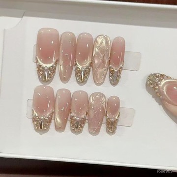 ➕純色美美噠💯手工穿戴甲爆閃立體鑽法式夏季亮片輕奢鎏金貓眼氣質香檳鑽美甲貼純色穿戴甲 3DLQ