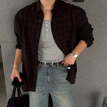 正韓半寬鬆輕柔純棉格紋口袋長袖襯衫 3色 YUPPIE 預購商品 0512