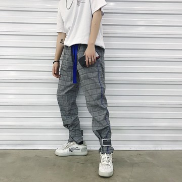 FINDSENSE H1 2018 夏季 新款 時尚織帶 反光褲腳設計  格紋 男女 情侶長褲 休閒褲 潮 男褲子
