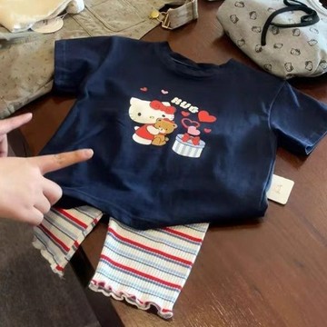🎀biubiu童裝🎀夏季女童T恤寶寶卡通愛心短袖上衣兒童可愛多巴胺條紋打底褲