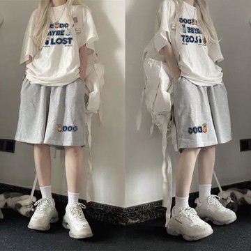 學生跑步運動套裝女夏2026新款寬松百搭短袖T恤+灰色五分闊腿短褲