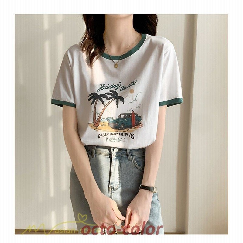 Tシャツ レディース 新作 半袖 丸首 カジュアルTシャツ プリント
