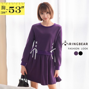 長版上衣--動感可愛圓領拼接羅紋袖口雙側配色綁帶長袖洋裝(黑.紫XL-5L)-A280眼圈熊中大尺碼