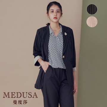 現貨【MEDUSA 曼度莎】I care 直紋翻褶墊肩西裝外套（附胸針） - 2色（F）｜寬鬆版