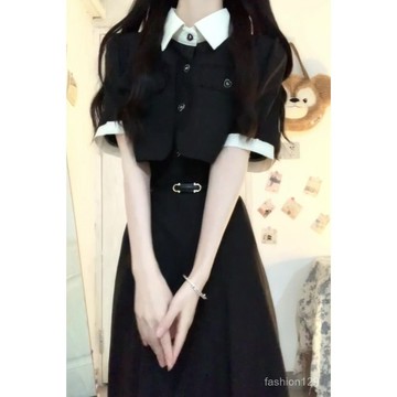 💛限時下殺💛高級感氣質假兩件短袖連衣裙2025夏季新款收腰顯瘦流行a字長裙女