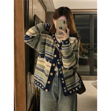 復古撞色小香風條紋外套女秋冬大碼胖mm新款洋氣減齡顯瘦毛衣開衫