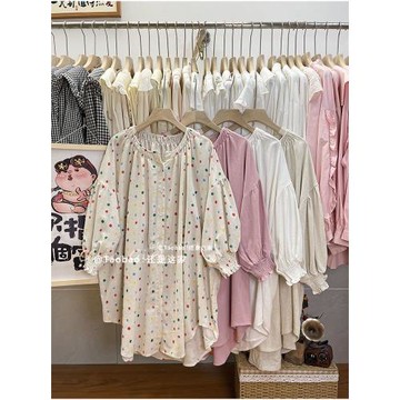 日系森女圓領燈籠袖長袖襯衫女設計感文藝氣質中長款襯衣喇叭袖