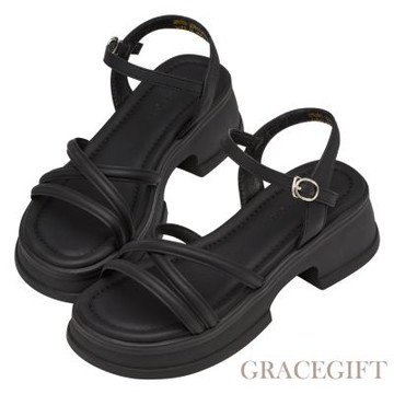 【Grace Gift】簡約奶油交叉線條雲感厚底涼鞋 黑