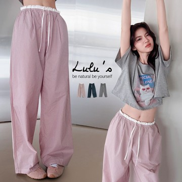 LULUS/現貨韓系假兩件褲頭格紋休閒長褲３色【A04260084】薄褲子 夏天長褲260603