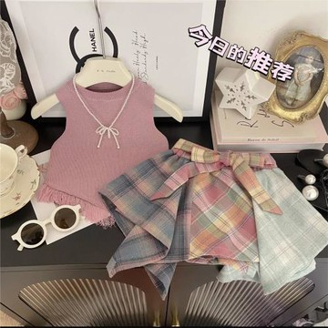 女童套裝夏季新款女寶寶韓版流蘇背心+設計感格子裙褲兩件套