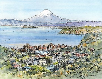 水彩畫原畫 披露山からの富士山