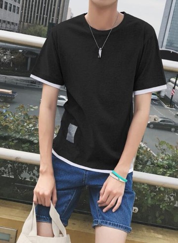FINDSENSE MD 時尚 男 潮 休閒 圓領 拼色 假兩件 學生短T 短袖T恤 特色短T