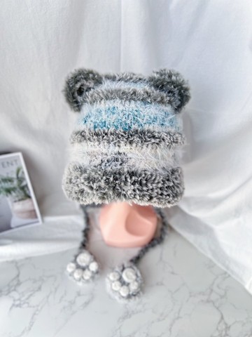 【兔貝兒】秋冬百搭保暖護耳帽/熊熊帽-灰藍色+灰色毛毛邊