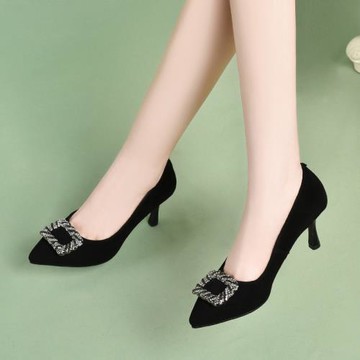 尖頭高跟鞋女細跟黑色淺口單鞋2025春季新款百搭中跟真皮夏季女鞋