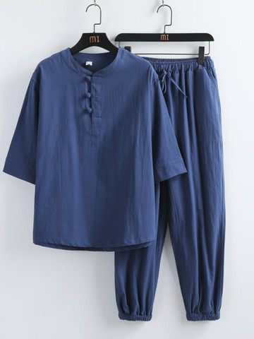 男士中國風短袖棉麻套裝 夏季亞麻短袖t恤男中國風男裝茶服復古居士禪服薄款棉麻半袖套裝