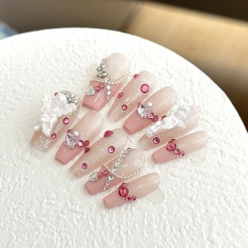 ➕最新設計款穿戴甲💅手工穿戴甲白天使透粉色美甲貼片中長款可拆卸法式光療甲成品顯白中梯穿戴甲 AYOC