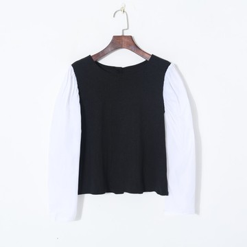 秋季女裝時尚韓版圓領套頭甜美撞色泡泡袖修身顯瘦減齡衛衣